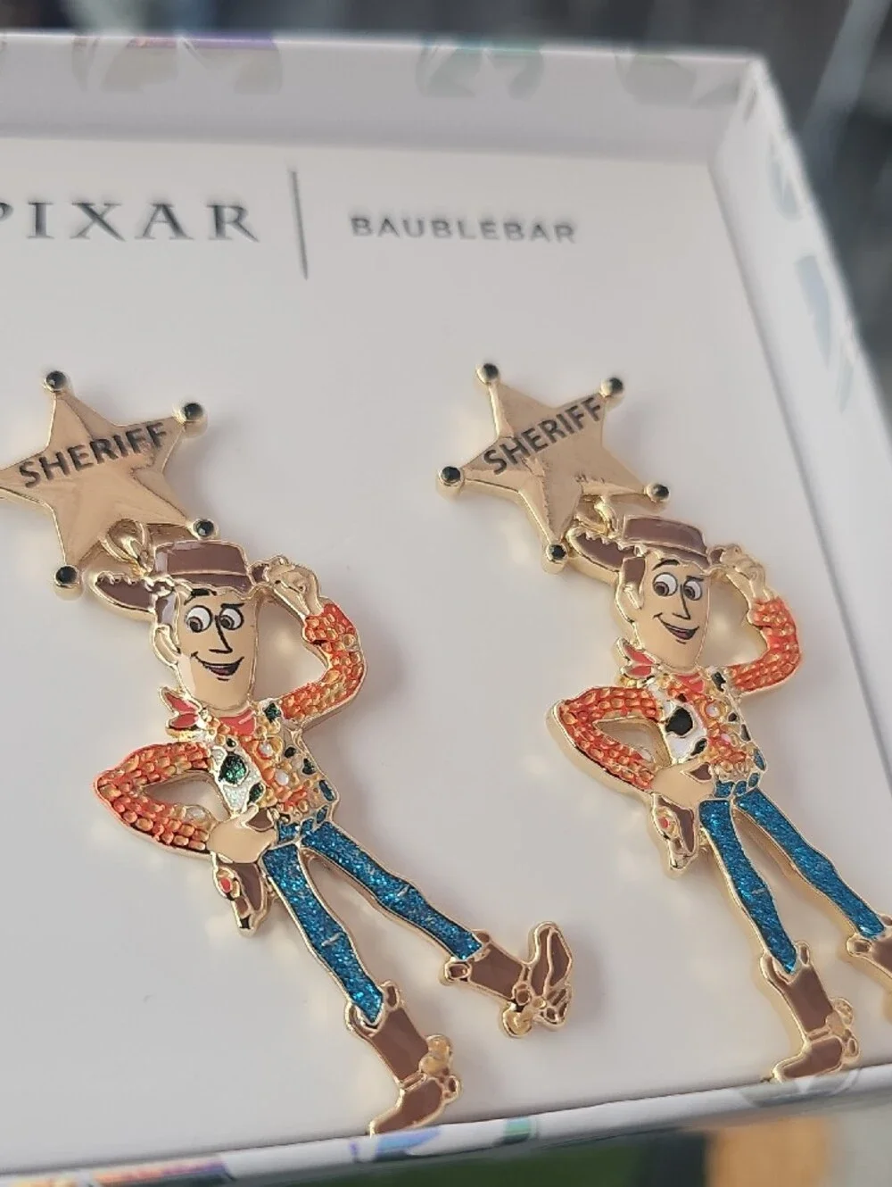 BaubleBar Pixar Woody Sheriff Drop Earrings - Gold, Blue, Brown - Picture 4 of 6
